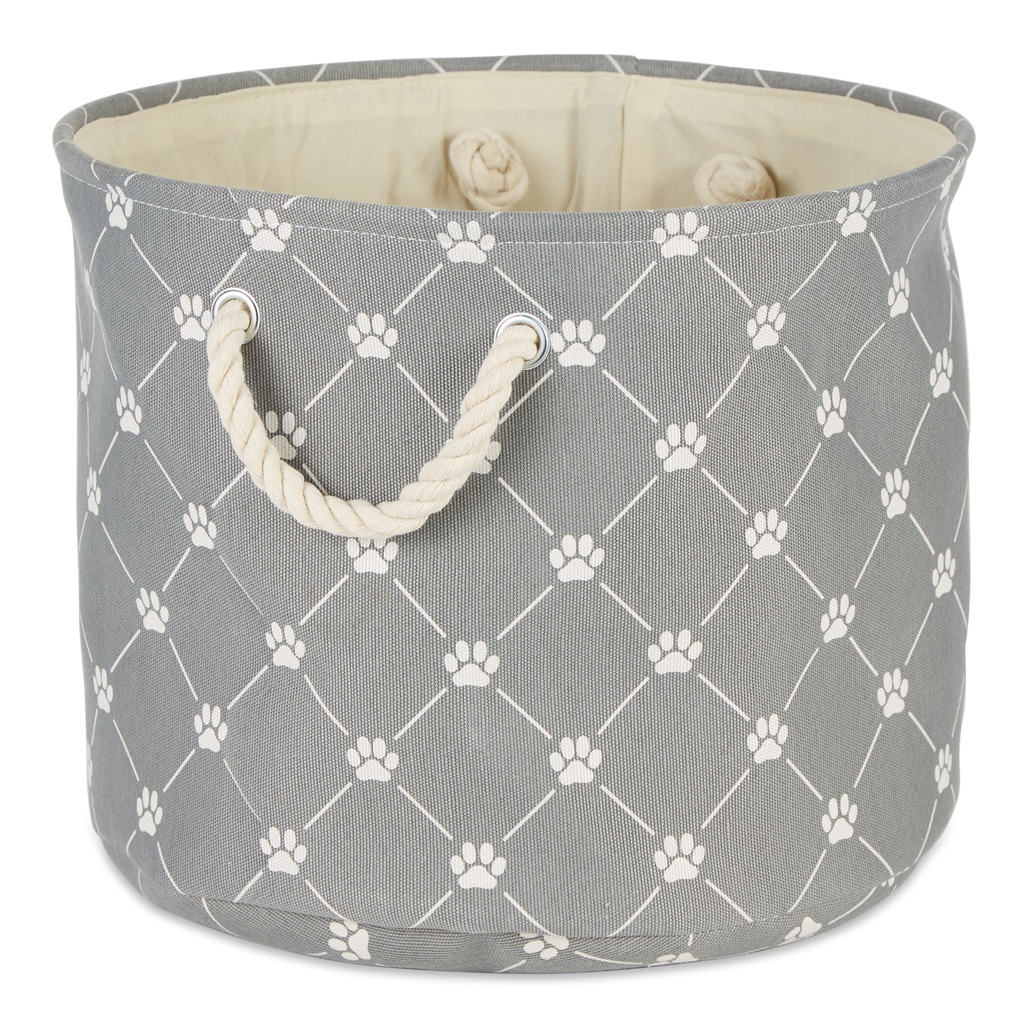 Bone Dry Collapsible Pet Storage Collapsible Bin, Trellis Paw Print, Gray, Small Round - 12x9"