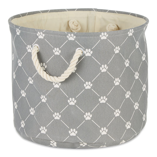 Bone Dry Collapsible Pet Storage Collapsible Bin, Trellis Paw Print, Gray, Medium Round - 15x12"