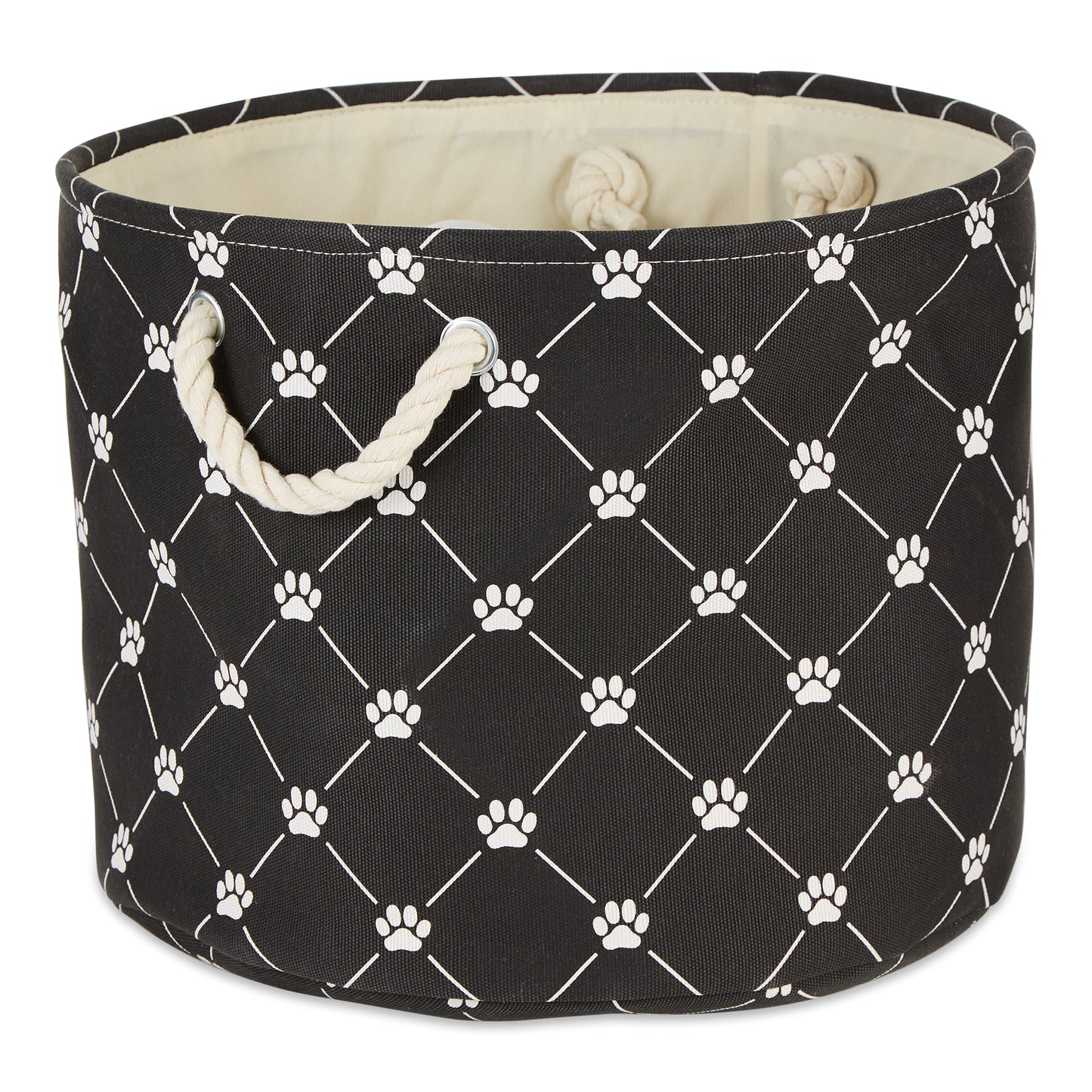 Bone Dry Collapsible Pet Storage Collapsible Bin, Trellis Paw Print, Black, Large Round - 18x15"