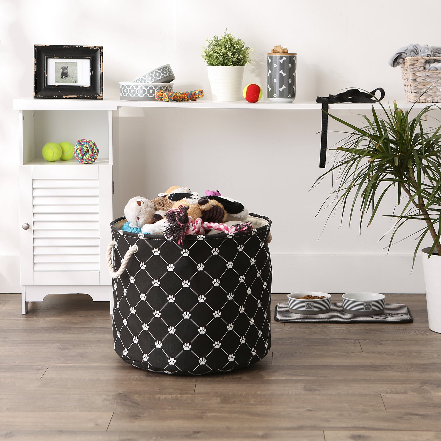 Bone Dry Collapsible Pet Storage Collapsible Bin, Trellis Paw Print, Black, Large Round - 18x15"