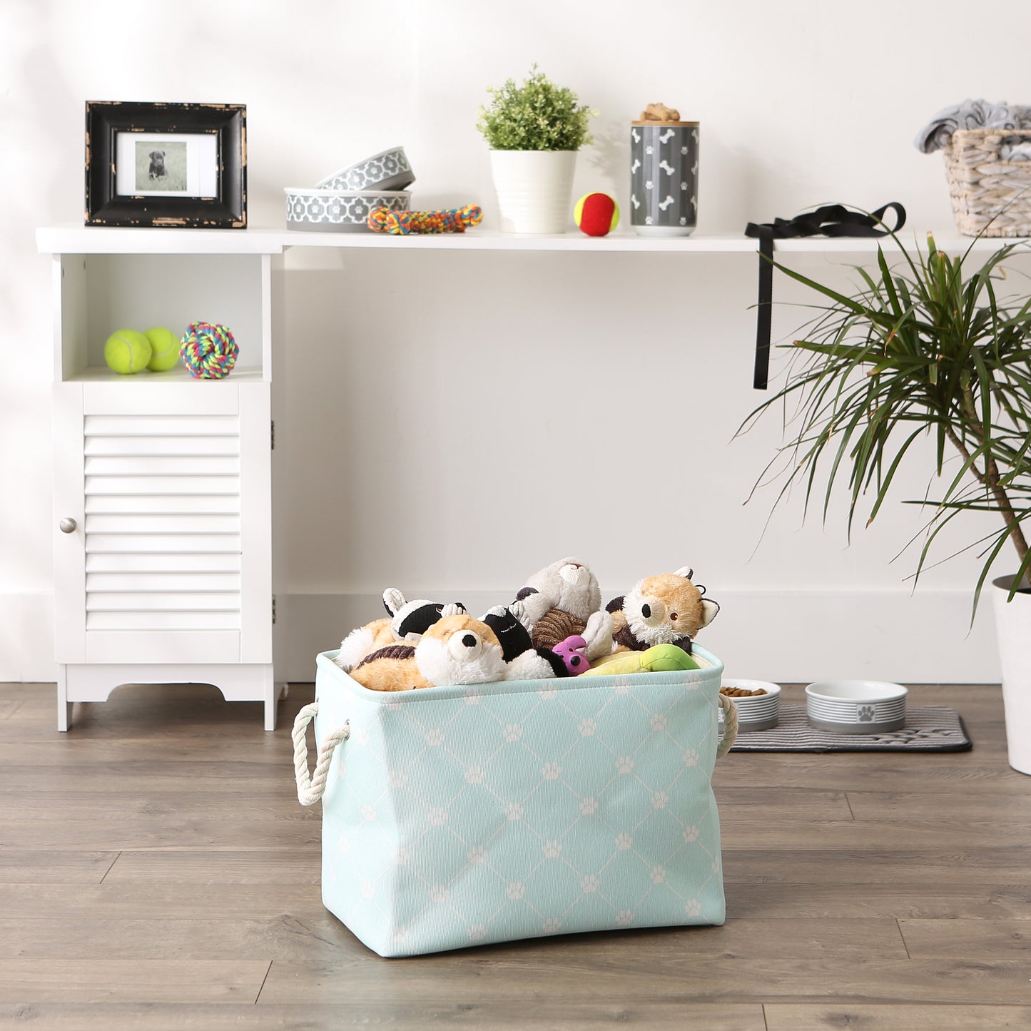 Bone Dry Collapsible Pet Storage Bin, Trellis Paw Print, Aqua, Medium - 16x10x12"