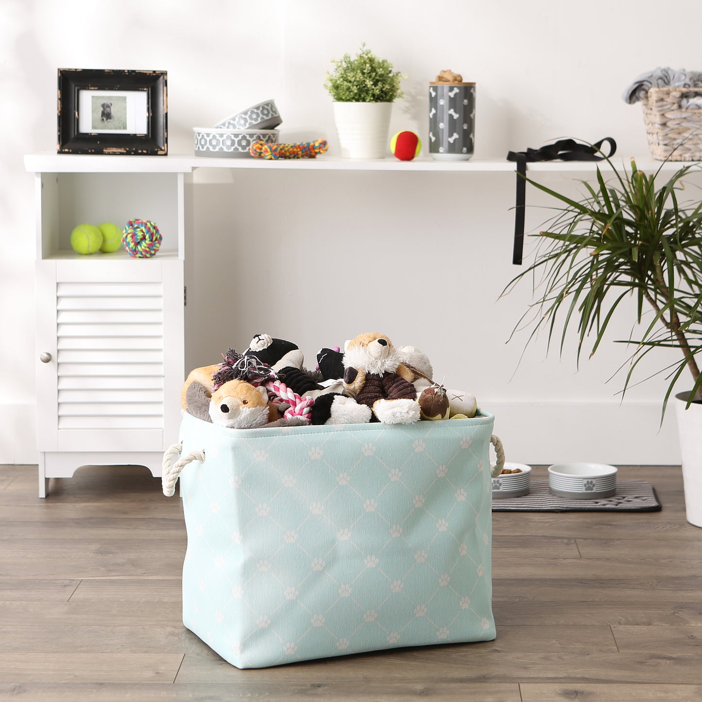 Bone Dry Collapsible Pet Storage Bin, Trellis Paw Print, Aqua, Large - 17.5x12x15"