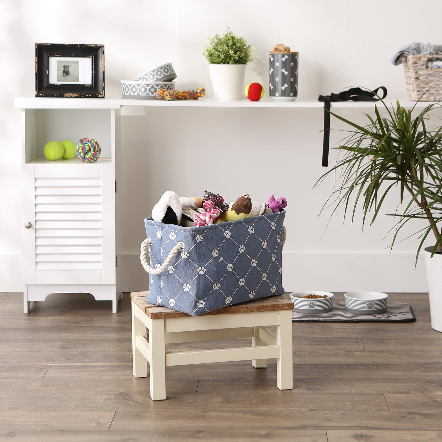 Bone Dry Collapsible Pet Storage Bin, Trellis Paw Print, Stonewash Blue, Small - 14x8x9"