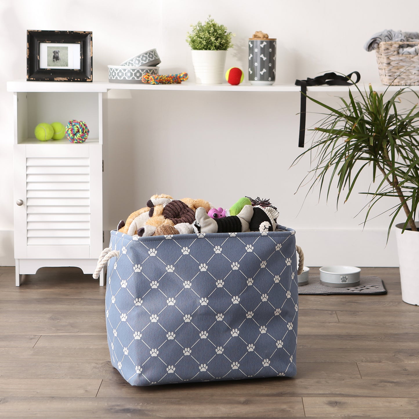 Bone Dry Collapsible Pet Storage Bin, Trellis Paw Print, Stonewash Blue, Large - 17.5x12x15"