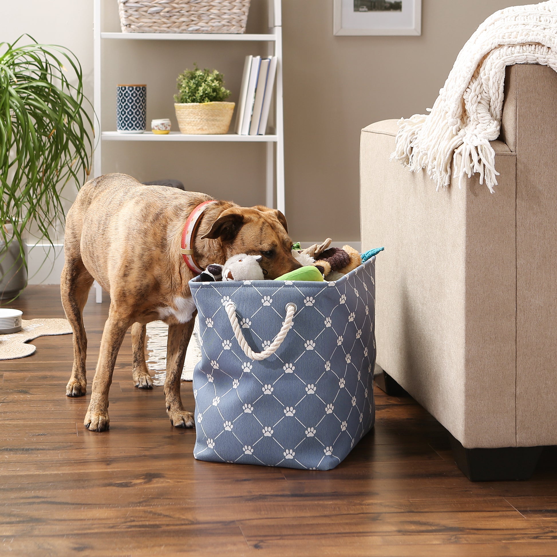 Polyester Pet Bin Trellis Paw Stonewash Blue Rectangle Large 17.5X12X15