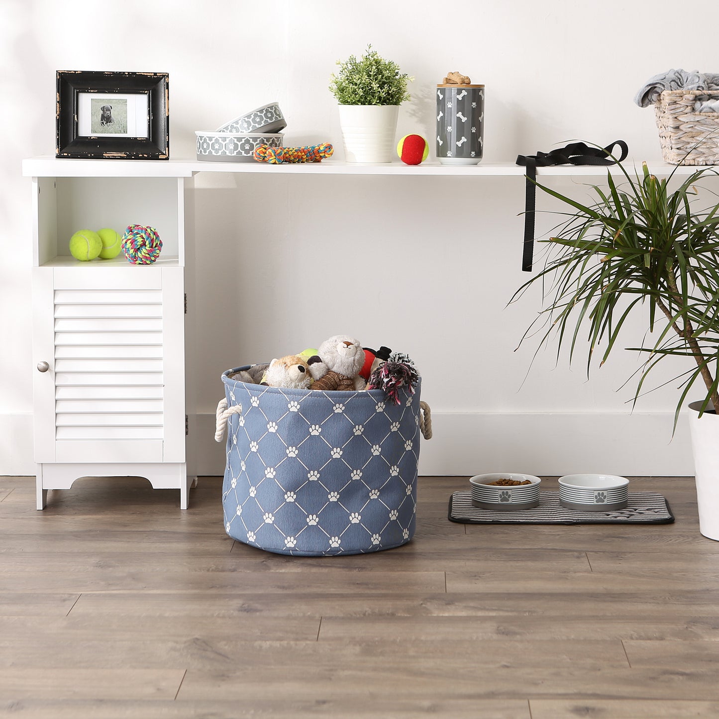 Bone Dry Collapsible Pet Storage Collapsible Bin, Trellis Paw Print, Stonewash Blue, Medium Round - 15x12"