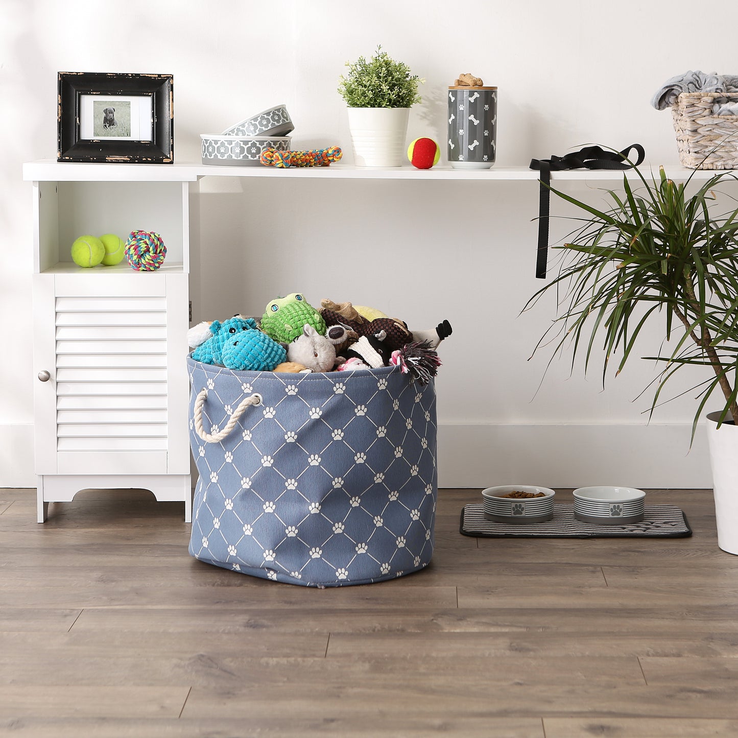 Bone Dry Collapsible Pet Storage Collapsible Bin, Trellis Paw Print, Stonewash Blue, Large Round - 18x15"