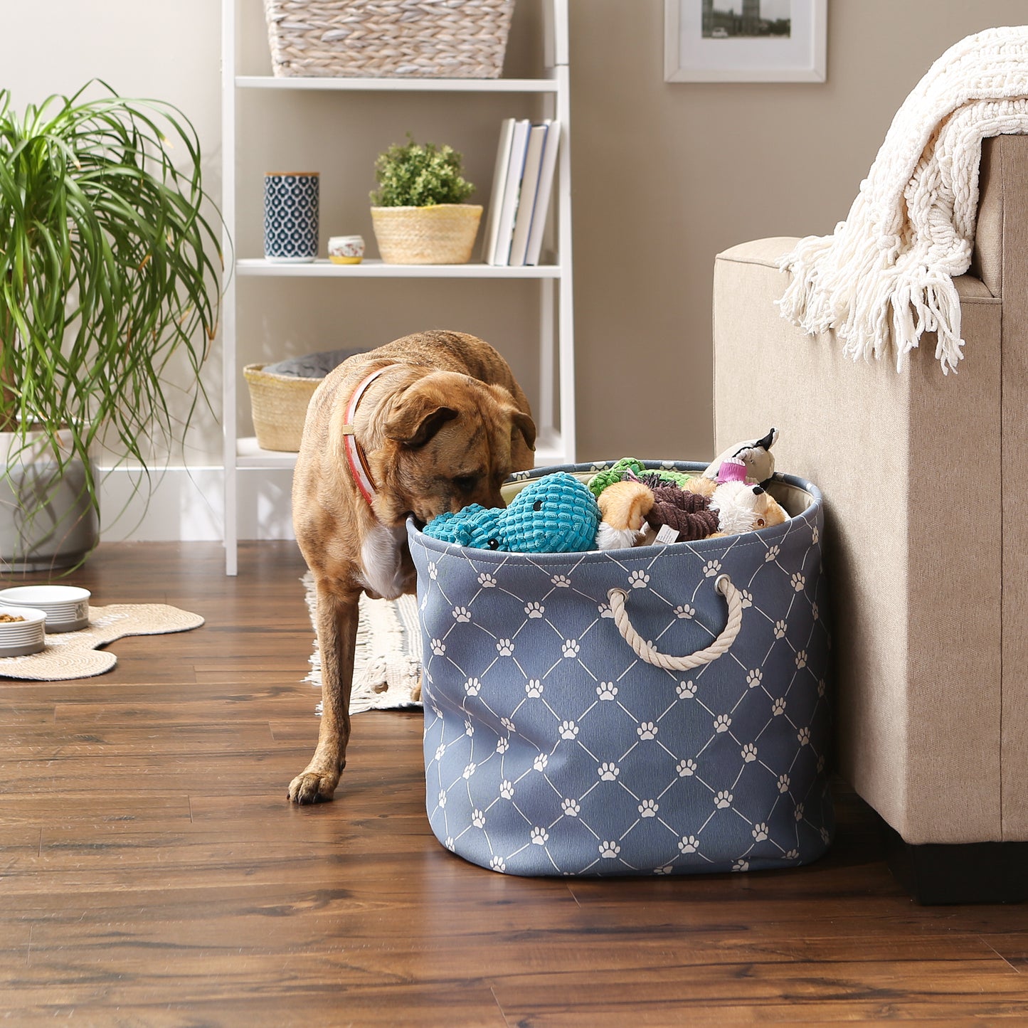 Bone Dry Collapsible Pet Storage Collapsible Bin, Trellis Paw Print, Stonewash Blue, Large Round - 18x15"