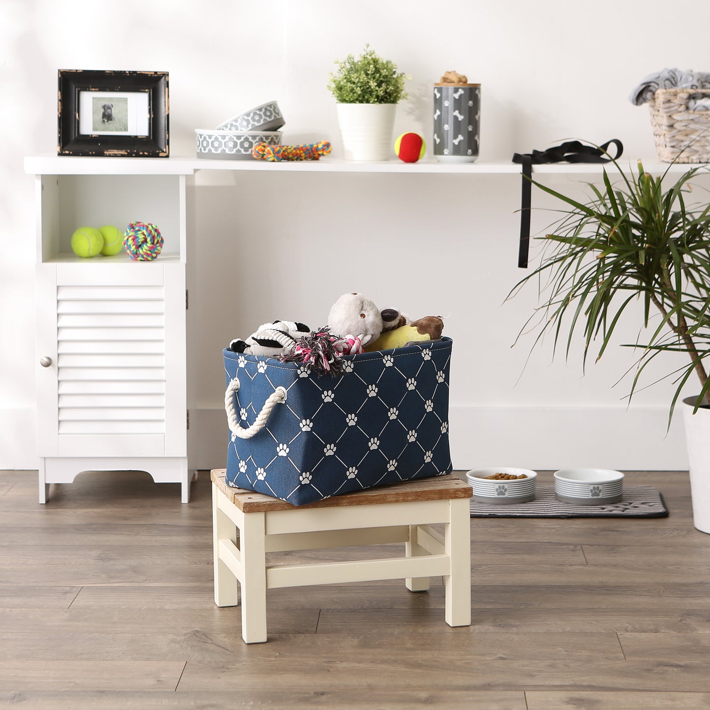 Bone Dry Collapsible Pet Storage Bin, Trellis Paw Print, Navy, Small - 14x8x9"