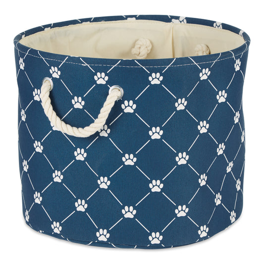 Bone Dry Collapsible Pet Storage Collapsible Bin, Trellis Paw Print, Navy, Small Round - 12x9"