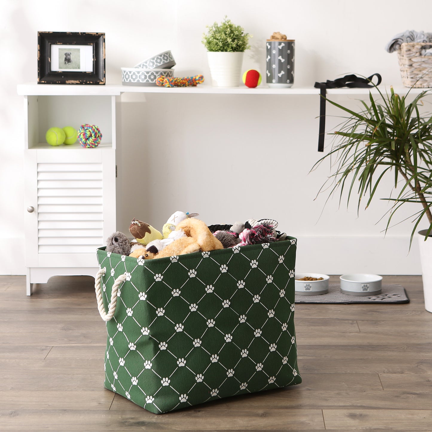 Bone Dry Collapsible Pet Storage Bin, Trellis Paw Print, Hunter Green, Large - 17.5x12x15"