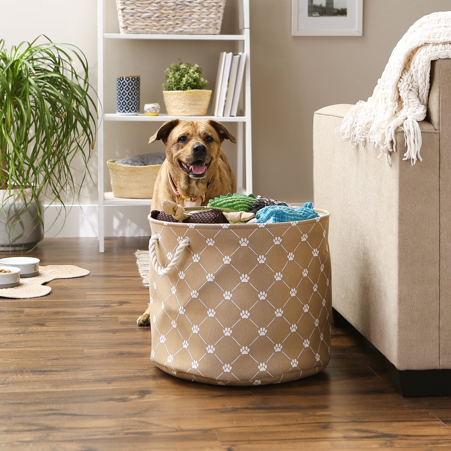 Bone Dry Collapsible Pet Storage Collapsible Bin, Trellis Paw Print, Taupe, Large Round - 18x15"