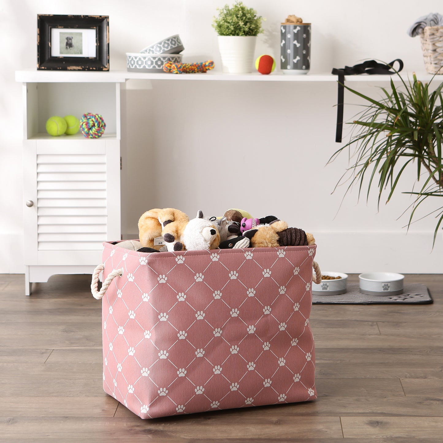 Bone Dry Collapsible Pet Storage Bin, Trellis Paw Print, Rose, Large - 17.5x12x15"