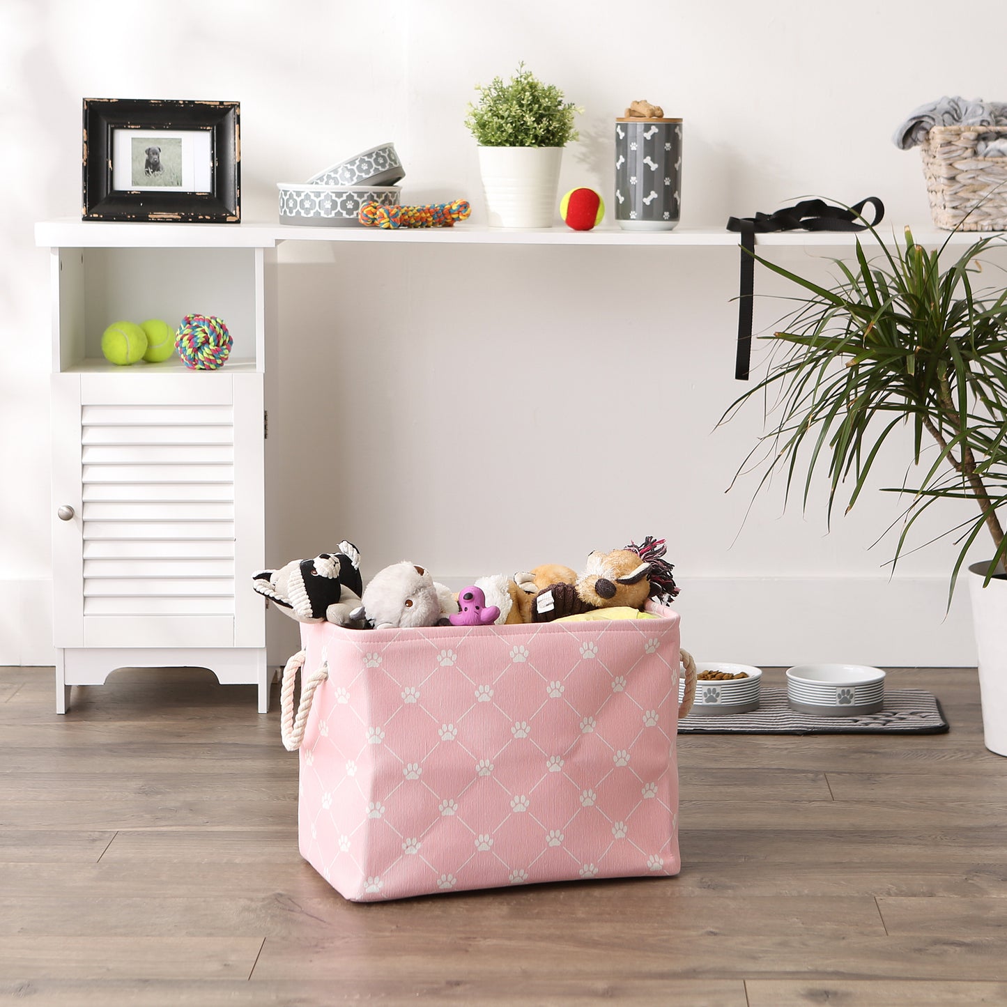 Bone Dry Collapsible Pet Storage Bin, Trellis Paw Print, Pink, Medium - 16x10x12"