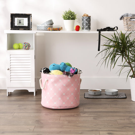 Bone Dry Collapsible Pet Storage Collapsible Bin, Trellis Paw Print, Pink, Medium Round - 15x12"