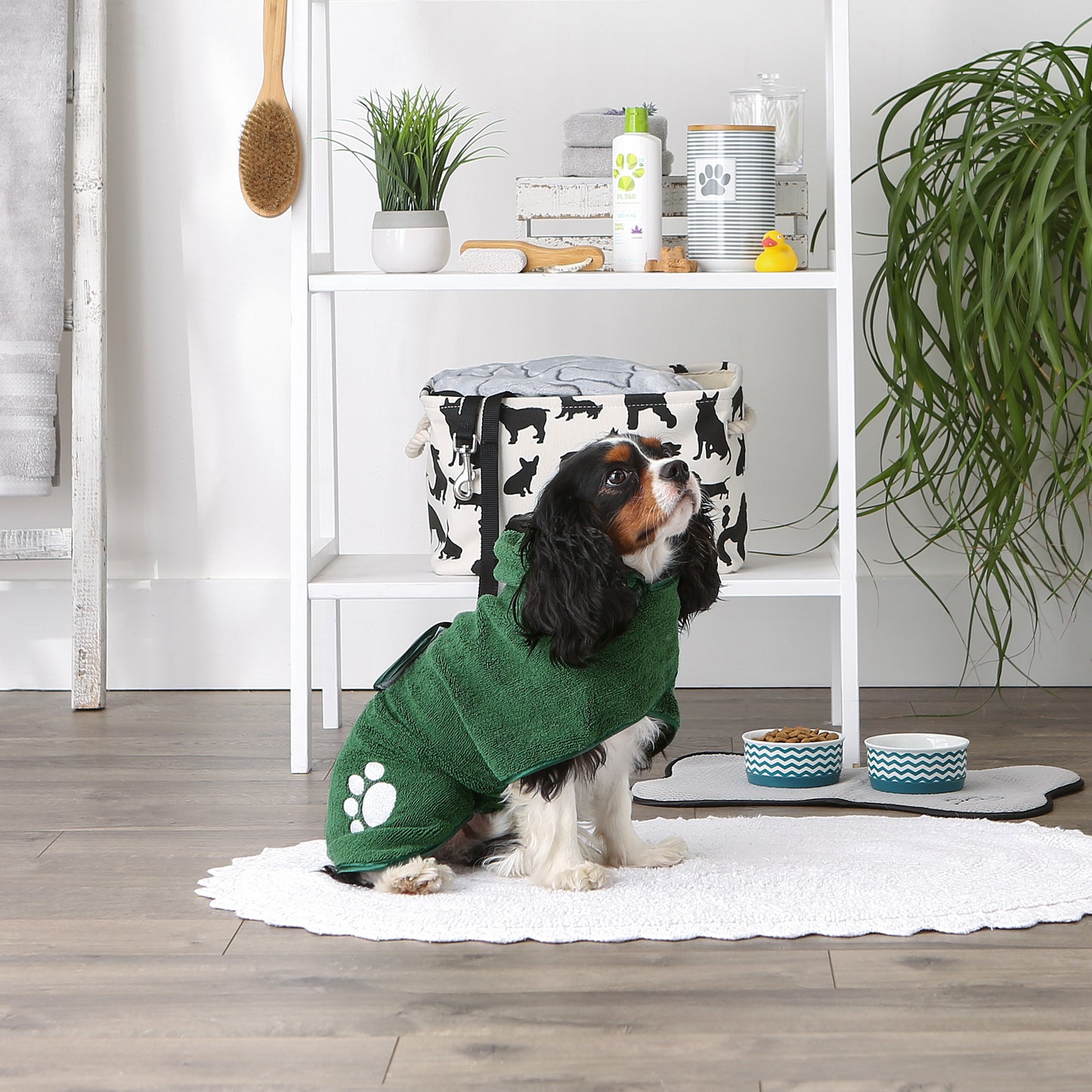 Bone Dry Terry Microfiber Pet Robe, Embroidered Paw Print - Hunter Green - Medium, 20-35 Lbs