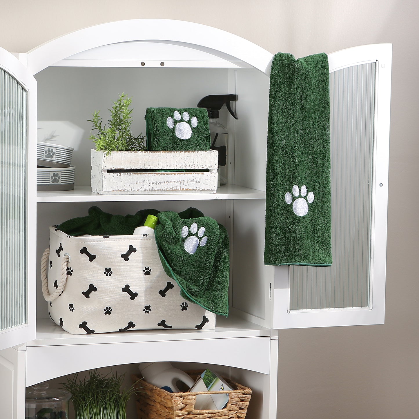 Bone Dry Small Pet Towel Set - 3 Pack - Embroidered Paw, Hunter Green, 15x30"