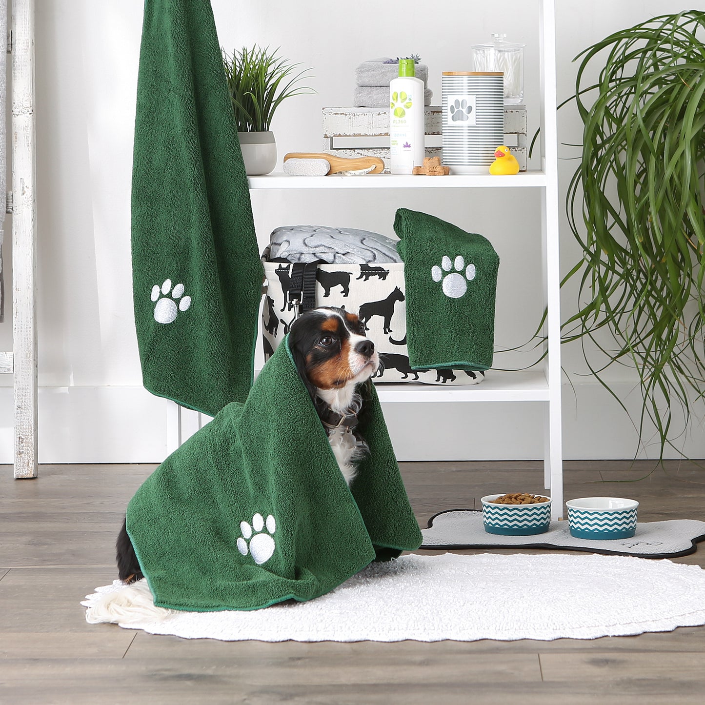 Bone Dry Small Pet Towel Set - 3 Pack - Embroidered Paw, Hunter Green, 15x30"