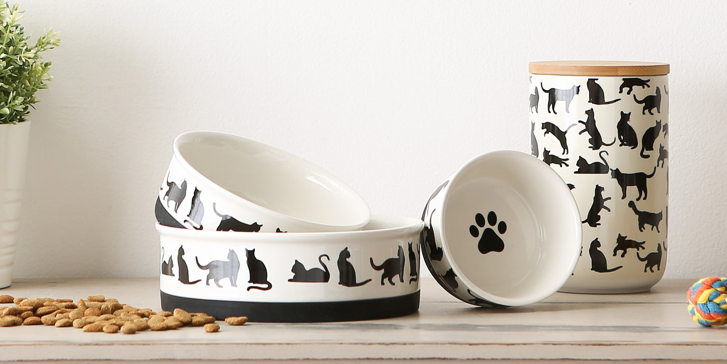 Black/White Cat's Meow Pet Bowl Set/2, Small - 3/4 C. Capacity