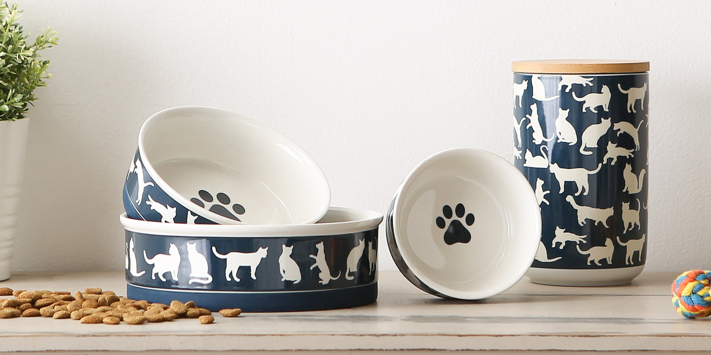 Navy Cat's Meow Pet Bowl Set/2, Medium - 1.75 C. Capacity