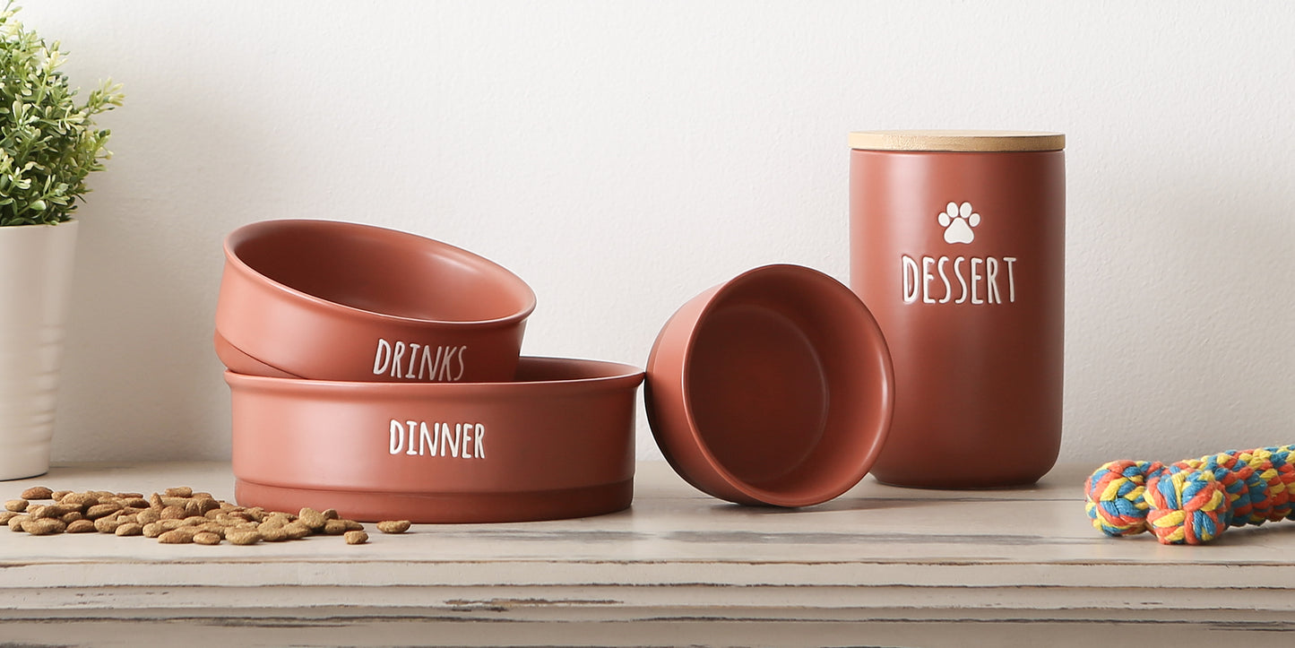 Terra Cotta Dinner, Drinks & Dessert Pet Bowl Set/2, Medium - 1.5 C. Capacity