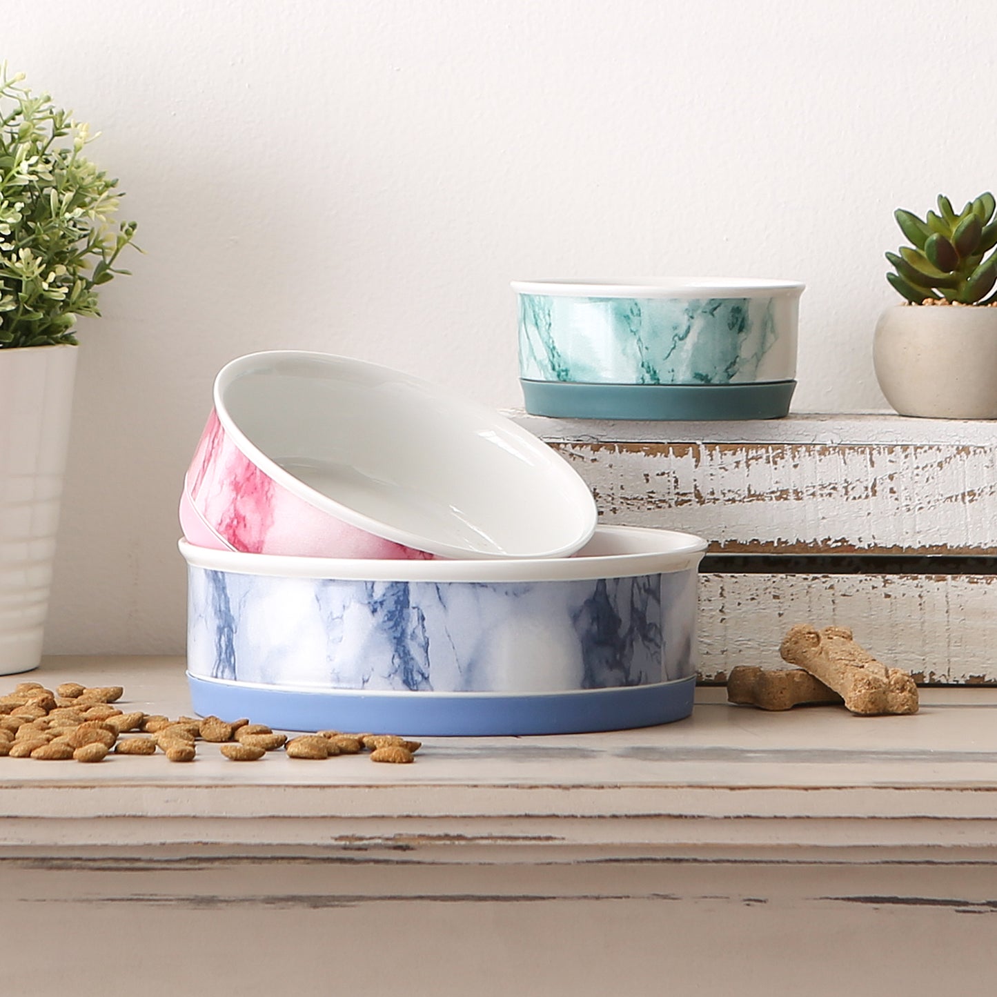 Teal Marble Pet Bowl Set/2, Small - 3/4 C Capacity