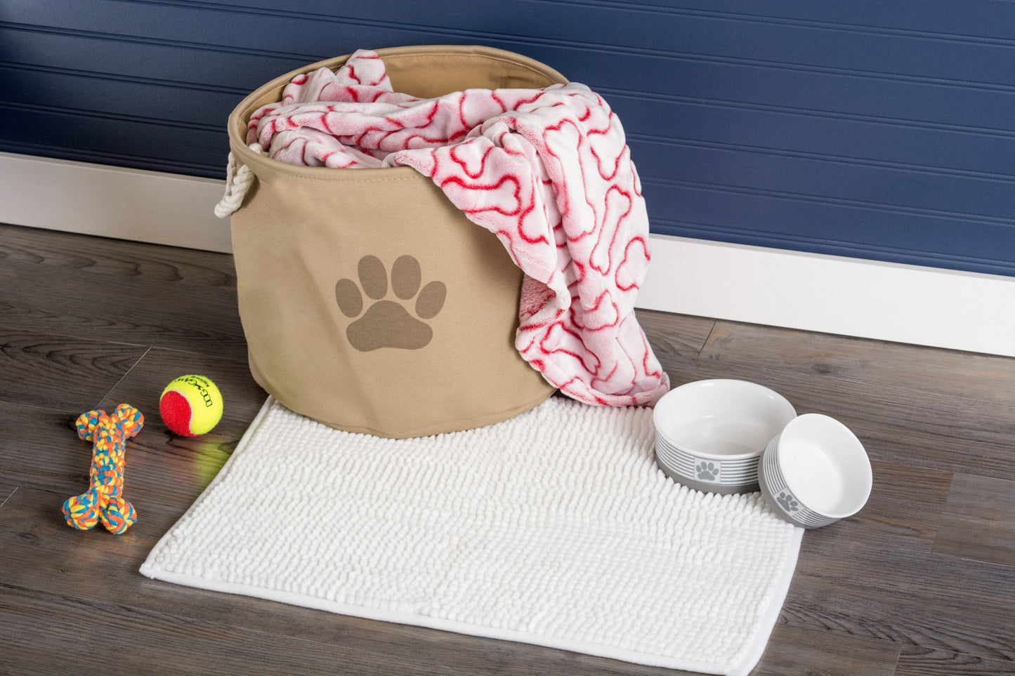 Bone Dry Collapsible Pet Storage Bin, Paw Print, Taupe, Small Round - 12x9"