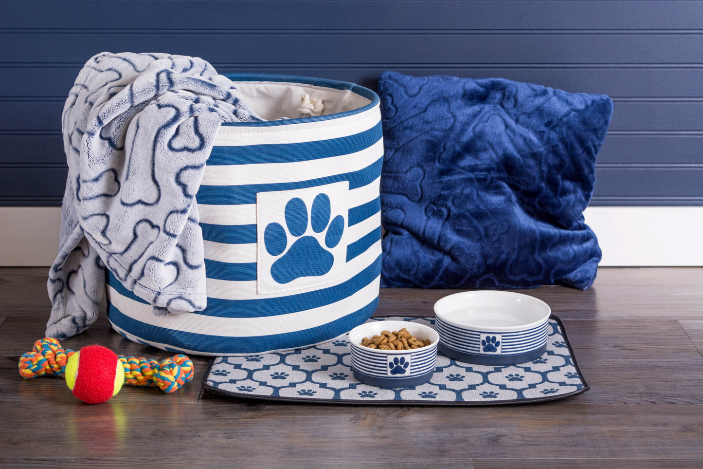 Bone Dry Pet Storage Bin, Striped Paw Patch, Navy, Small Round, 12x9"