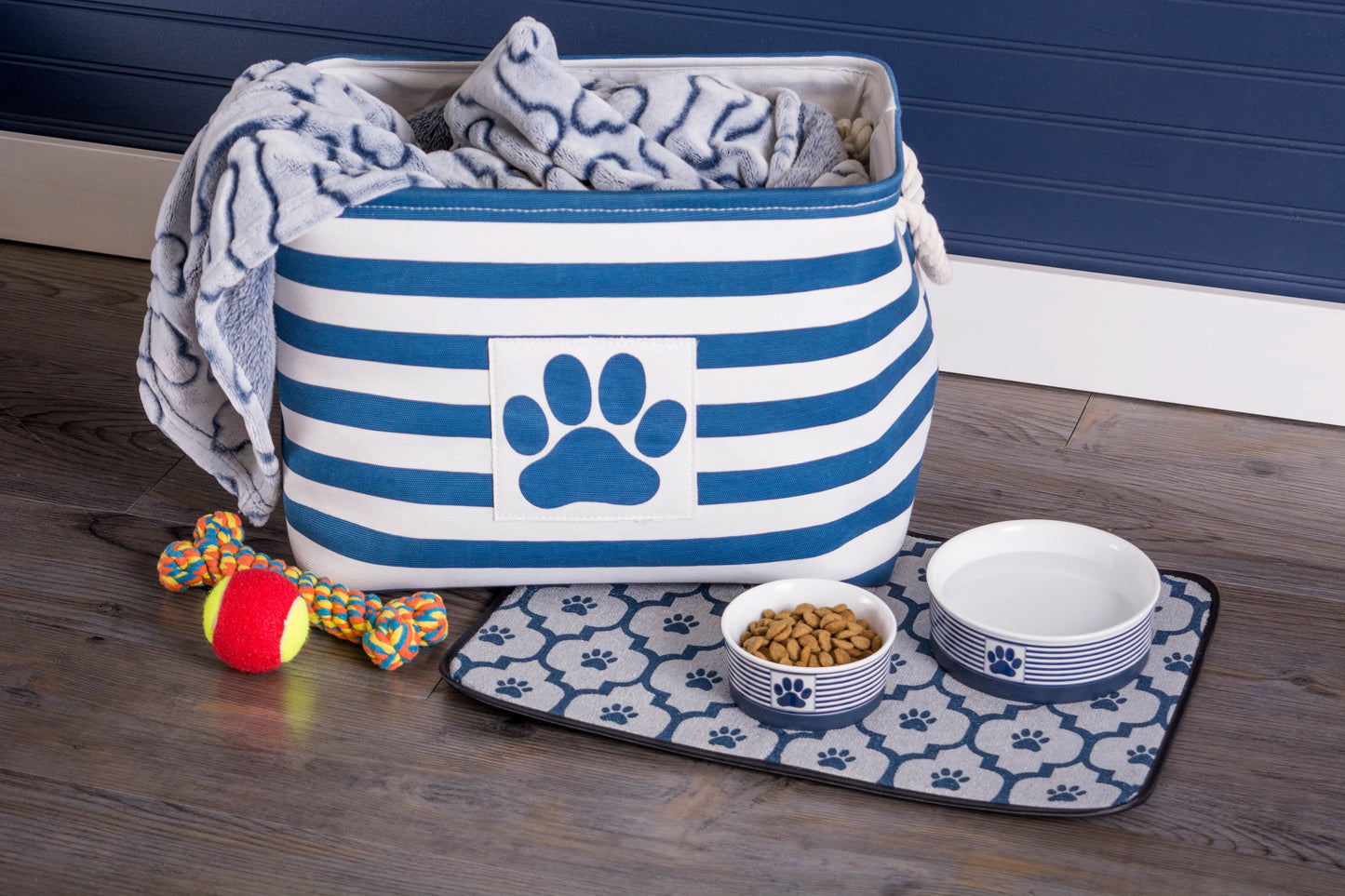 Bone Dry Pet Storage Bin, Striped Paw Patch, Navy, Small - 14x8x9"