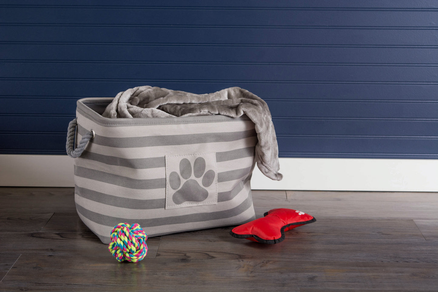 Bone Dry Pet Storage Bin, Striped Paw Patch, Gray, Large - 17.5x12x15"