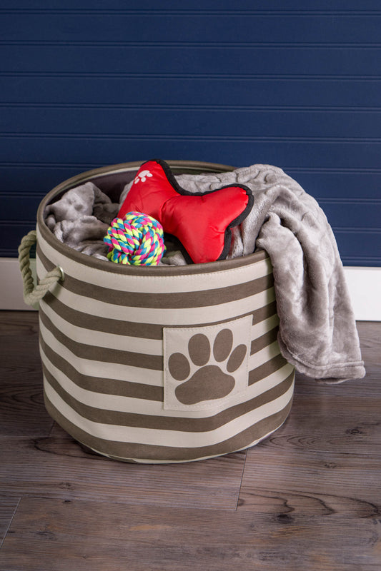 Polyester Pet Bin Stripe With Paw Patch Brown Round Large 15X18X18