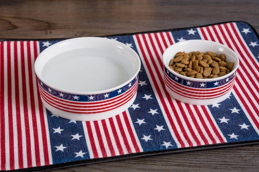 Red White & Blue Stars & Stripes Pet Bowl Set/2, Large 3.75 C. Capacity