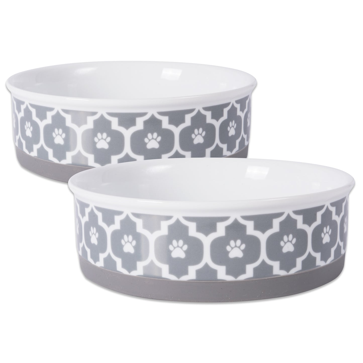 Gray Lattice Paw Print Pet Bowl Set/2, Large 3.75 C. Capacity