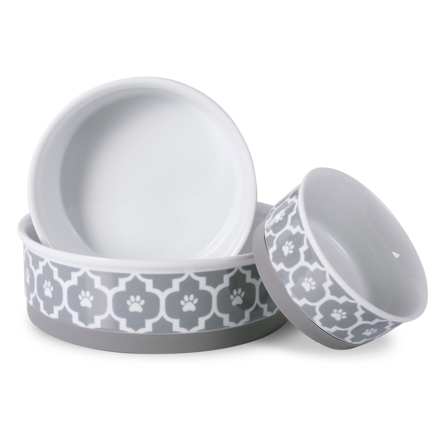 Gray Lattice Paw Print Pet Bowl Set/2, Large 3.75 C. Capacity