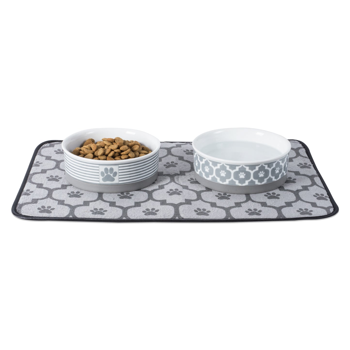 Gray Lattice Paw Print Pet Bowl Set/2, Large 3.75 C. Capacity