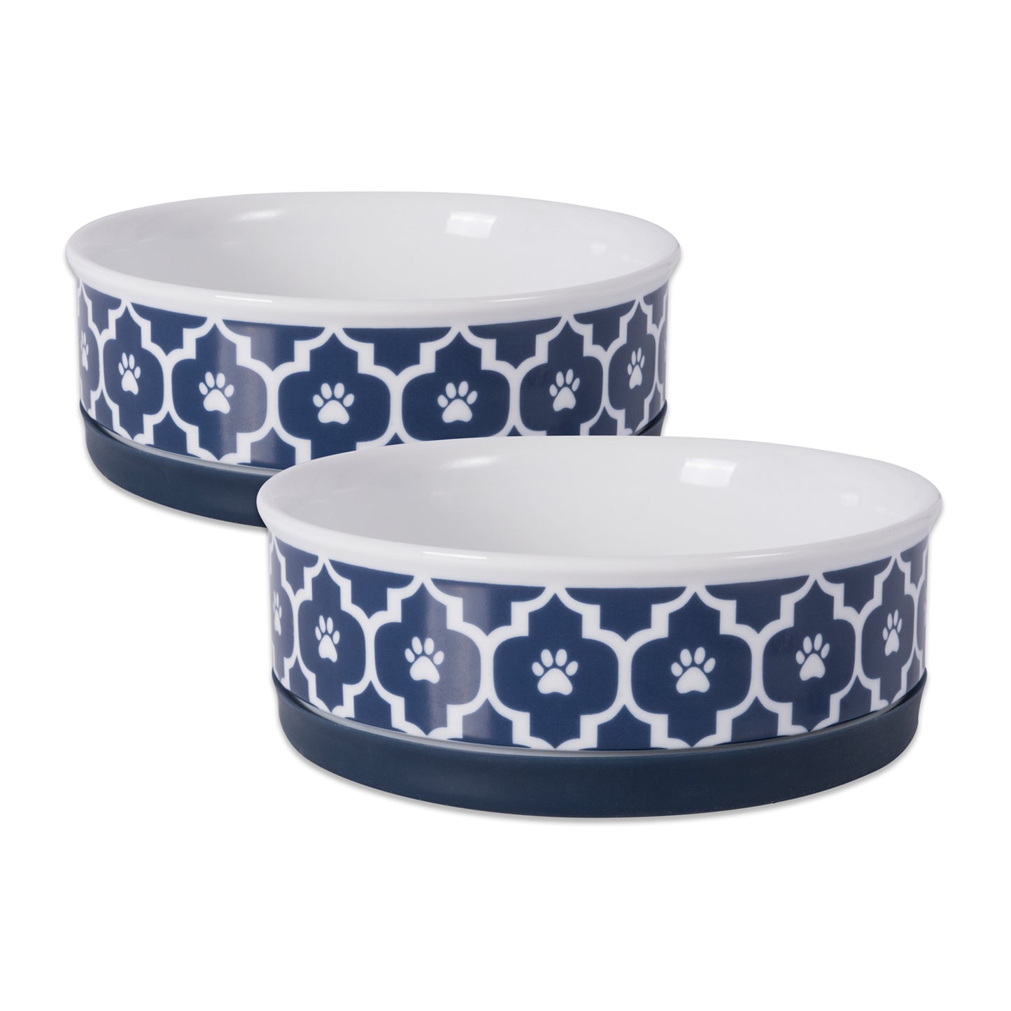 Nautical Blue Lattice Paw Print Pet Bowl Set of 2, Medium - 1.5 C. Capacity