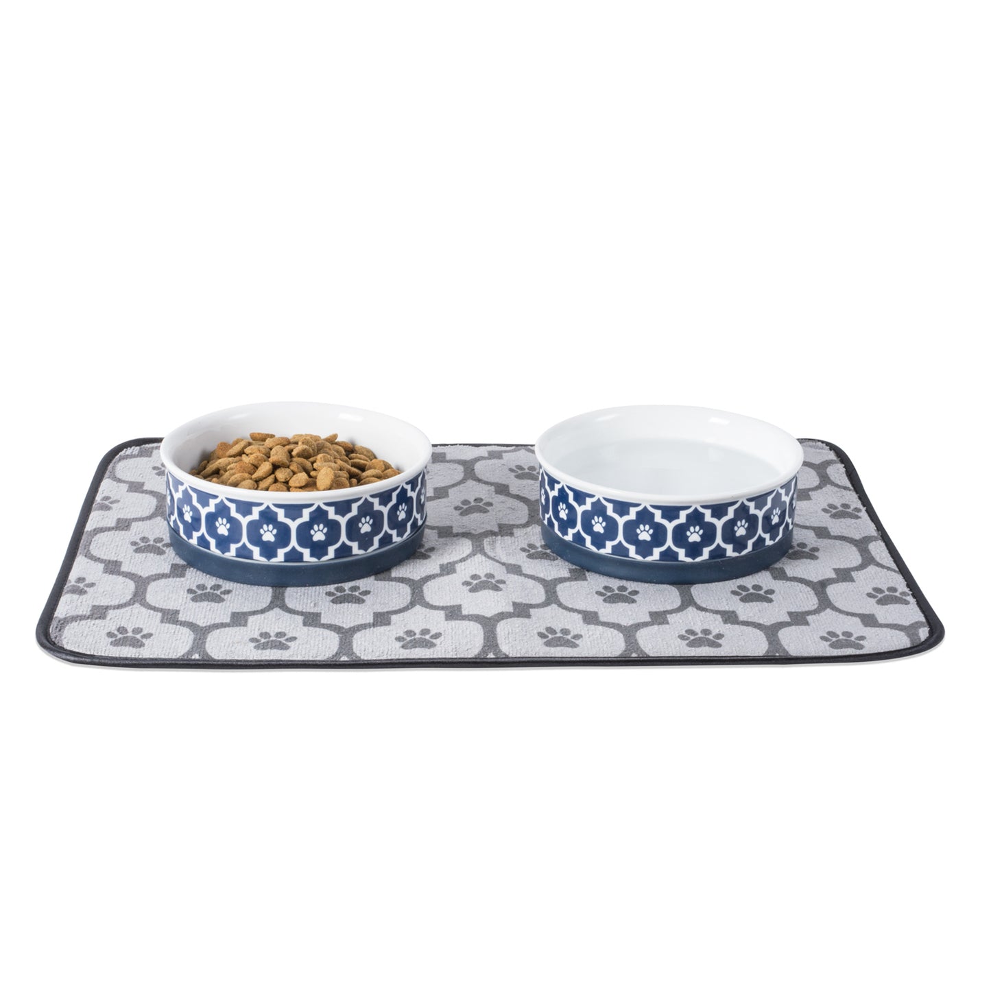 Nautical Blue Lattice Paw Print Pet Bowl Set of 2, Medium - 1.5 C. Capacity