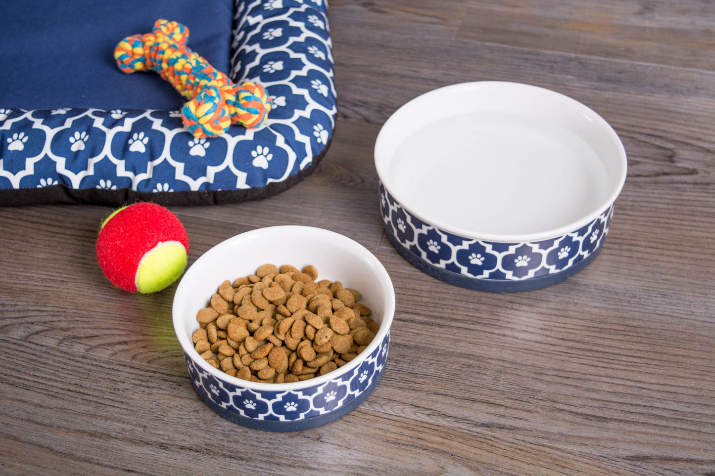 Nautical Blue Lattice Paw Print Pet Bowl Set of 2, Medium - 1.5 C. Capacity