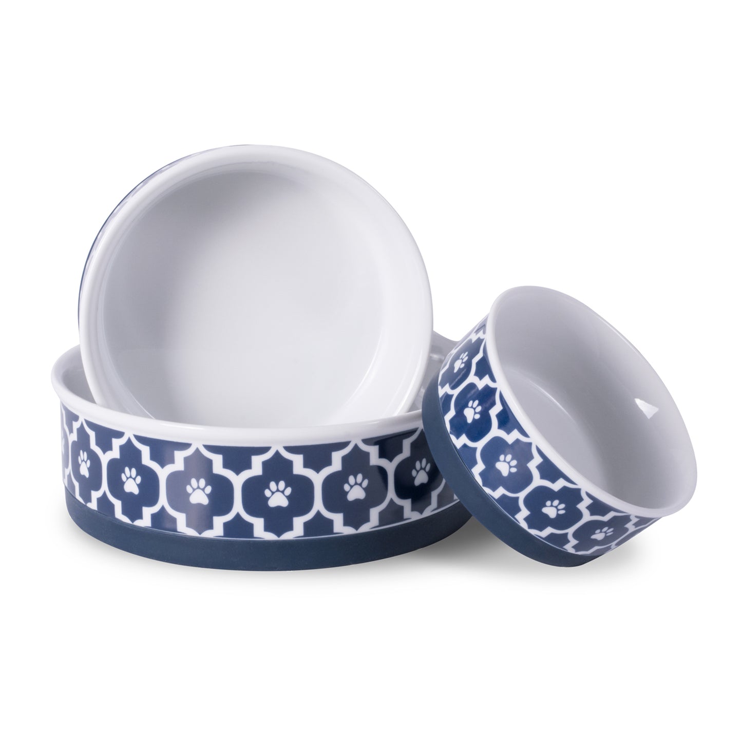 Nautical Blue Lattice Paw Print Pet Bowl Set of 2, Medium - 1.5 C. Capacity