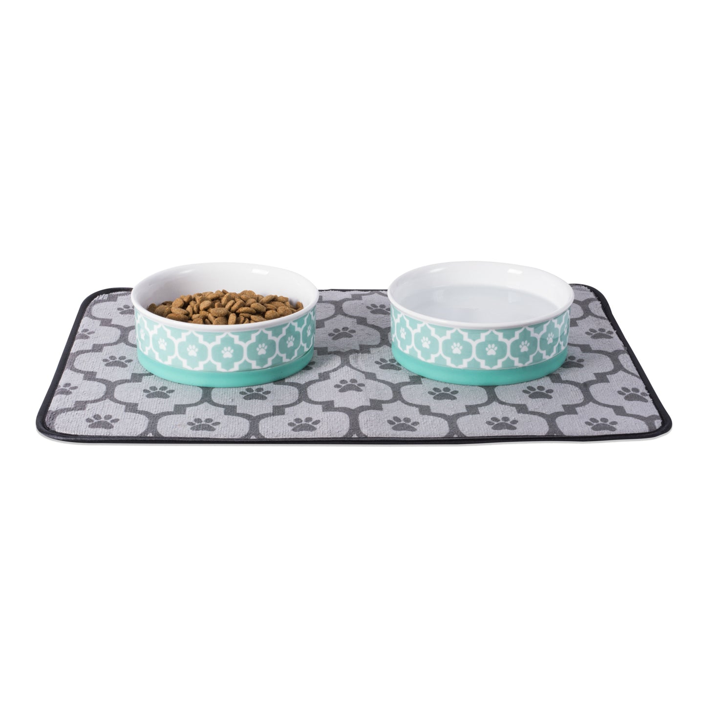 Aqua Lattice Paw Print Pet Bowl Set/2, Small - 3/4 C Capacity