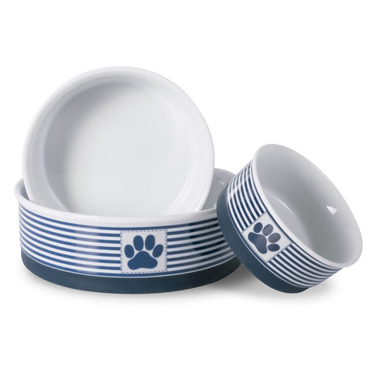 Nautical Blue Striped Paw Patch Single Pet Bowl, Medium, 1.5 C. Capacity