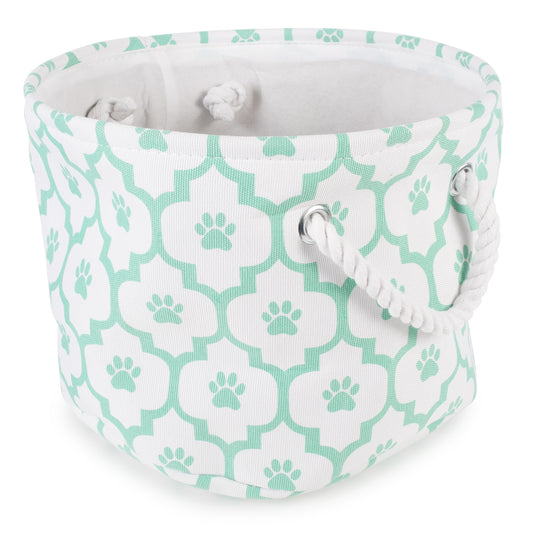 Bone Dry Pet Storage Bin, Lattice Paw Print, White/Aqua, Small Round - 12x9"