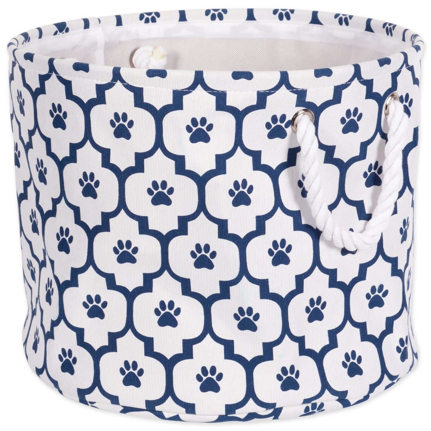 Bone Dry Pet Storage Bin, Lattice Paw Print, Navy, Small Round - 12x9"